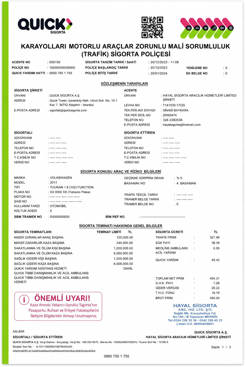Образец полиса Zorunlu Trafik Sigortası